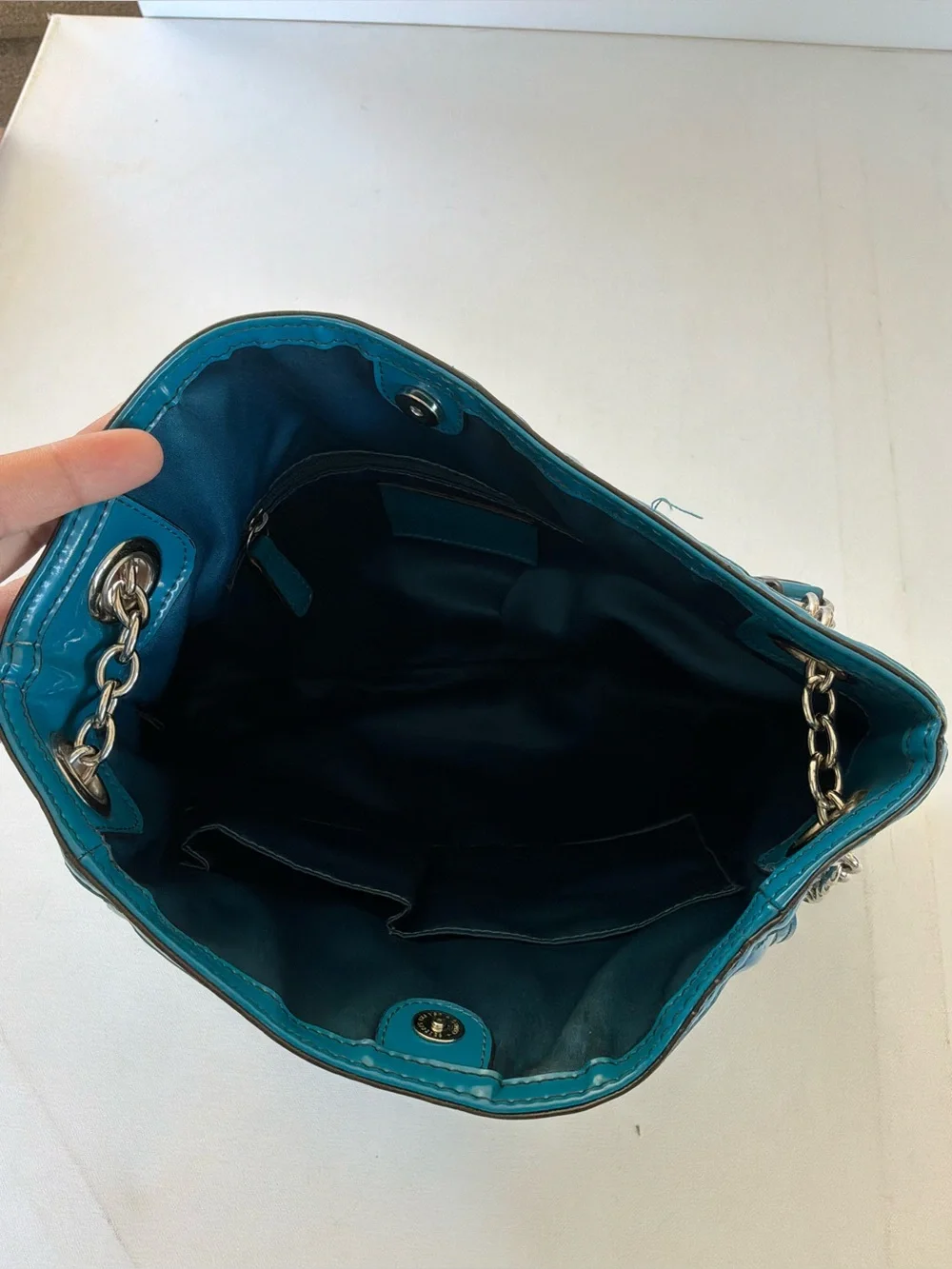 Coach Ashley Teal Patent Leather Quilted Tote Shoulder Bag Chain Strap Large